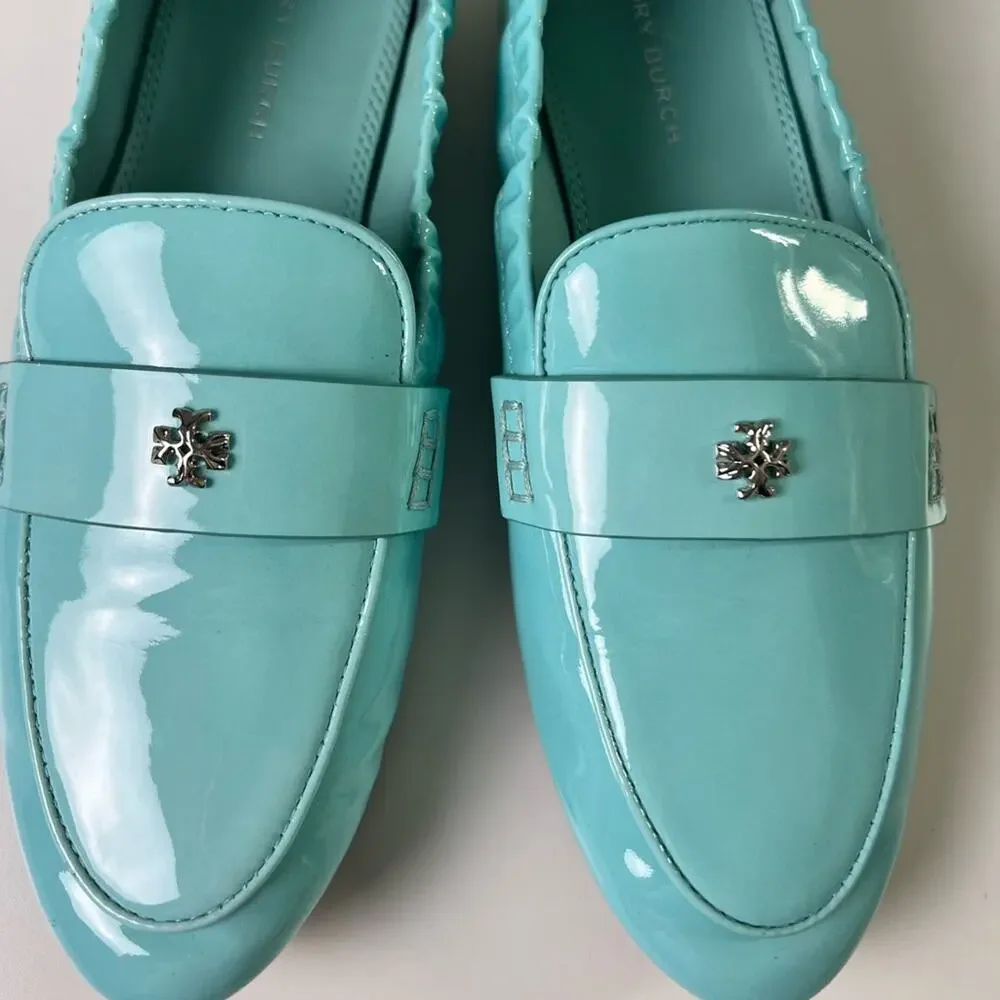 Tory Burch RARE Blue Silver Ballet Patent Leather Loafer Flat MistyAqua Spongy 5